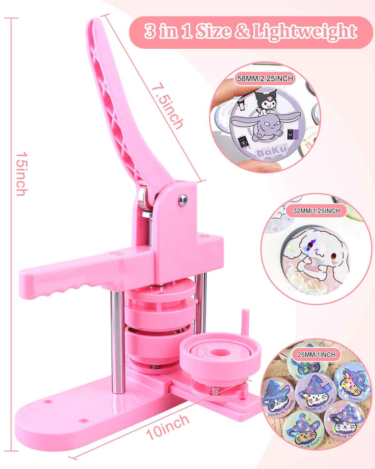 Button Maker Machine Kit: Create Buttons with Multiple Sizes (1+1.25+2.25 inch)! includes 600 Pcs Button Making Supplies, 12 Cartoon Stickers, 3 Pcs Cutter, 1 Magic Book. Button Press for 25/32/58mm