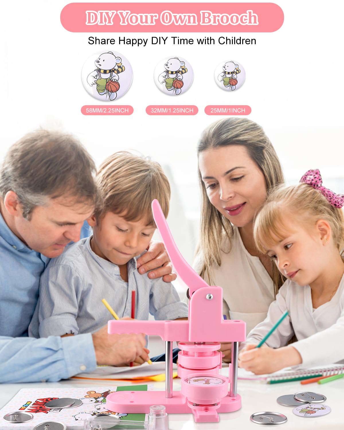 Button Maker Machine Kit: Create Buttons with Multiple Sizes (1+1.25+2.25 inch)! includes 600 Pcs Button Making Supplies, 12 Cartoon Stickers, 3 Pcs Cutter, 1 Magic Book. Button Press for 25/32/58mm