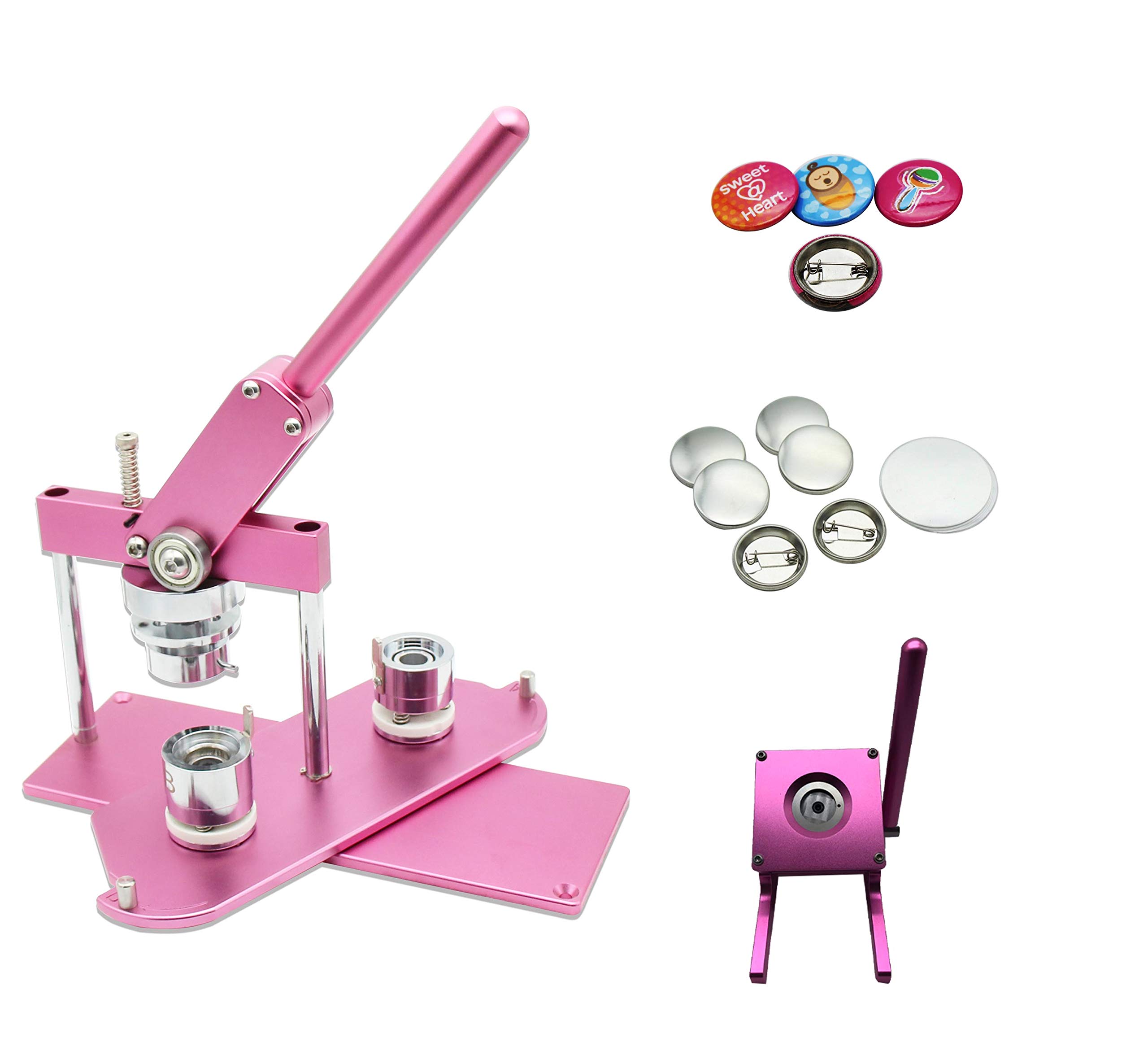 ChiButtons Button Maker Kit 25mm (1") Badge Press Machine-B400 + Round Die Moulds + 500 Sets Pin Parts + Stand Cutter (B400 Maker (Pink) / Stand Cutter (Pink))