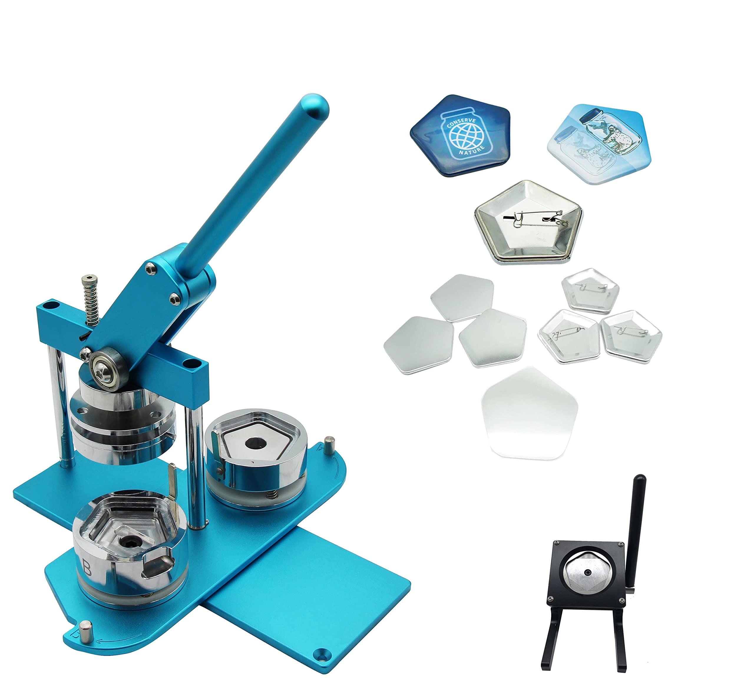 ChiButtons (KIT) Pentagonal 58x60mm Pro Badge Machine Button Maker-B400 + Mould + 100 Parts + Black Stand Cutter Metric System (Blue)