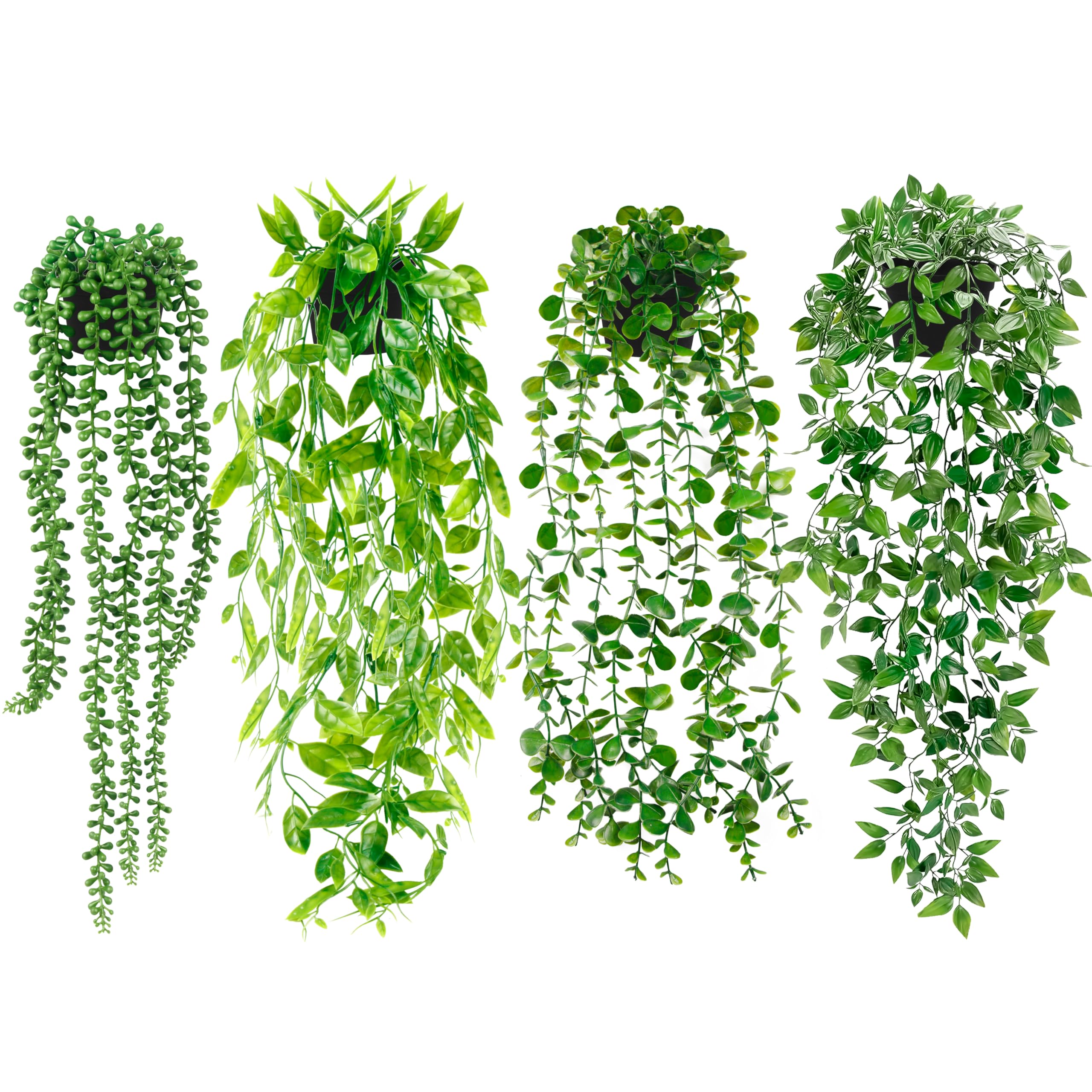 Artificial Hanging Plants for Shelf, 4 Pack Fake Potted Greenery Faux Eucalyptus Vine, Mandala Vine, String of Pearls,Pea pod Leaves in Pot for Office Living Room Bathroom Indoor Outdoor Décor