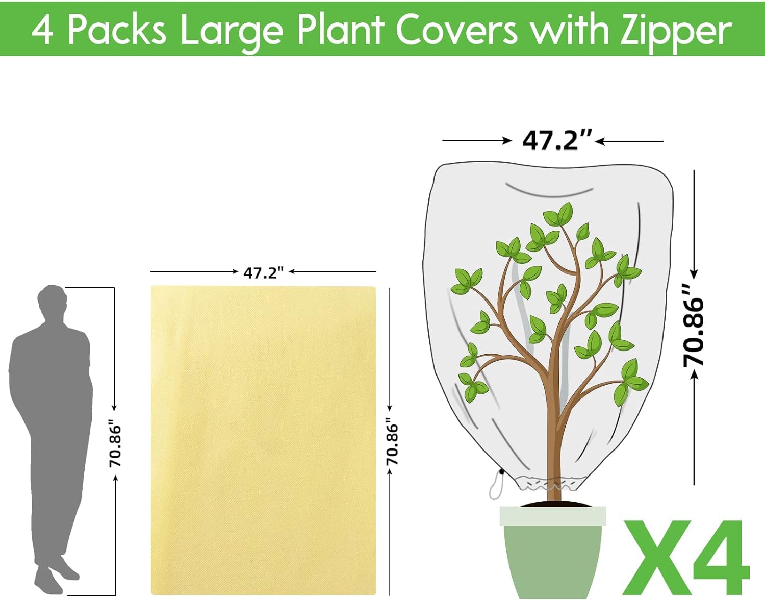 Bonviee 4 Packs Plant Covers Freeze Protection-47.24”×70.86” Large Tree Covers Frost Protection Blankets for Plants, Reusable Shrub Jakets Covers for Winter, with Drawstring & Zipper