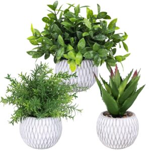 winlyn 3 pcs small potted plants artificial eucalyptus rosemary plants and aloe succulent plant in gray geometric cement pots for gifts table windowsill shelf home bathroom indoor outdoor green decor