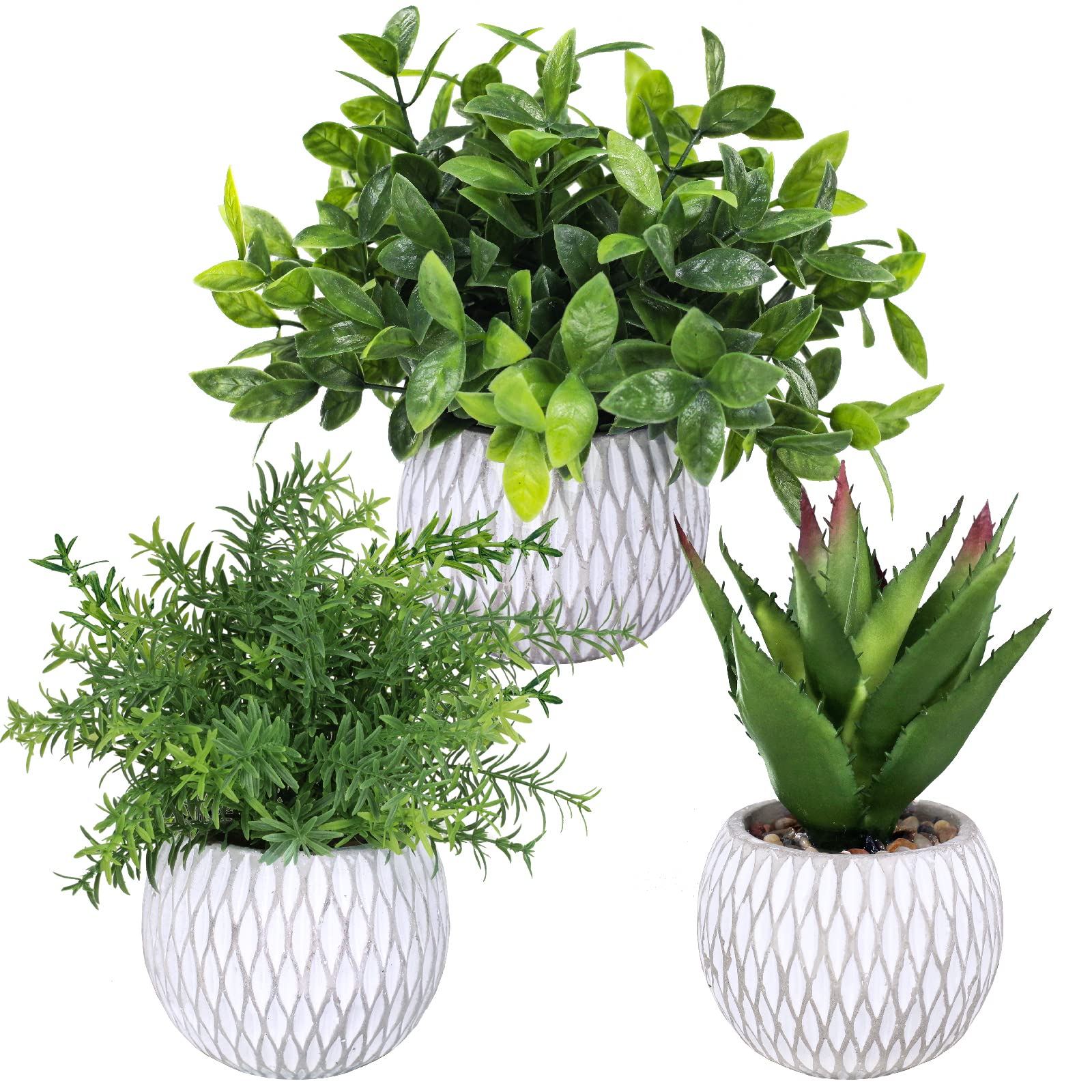 Winlyn 3 Pcs Small Potted Plants Artificial Eucalyptus Rosemary Plants and Aloe Succulent Plant in Gray Geometric Cement Pots for Gifts Table Windowsill Shelf Home Bathroom Indoor Outdoor Green Decor