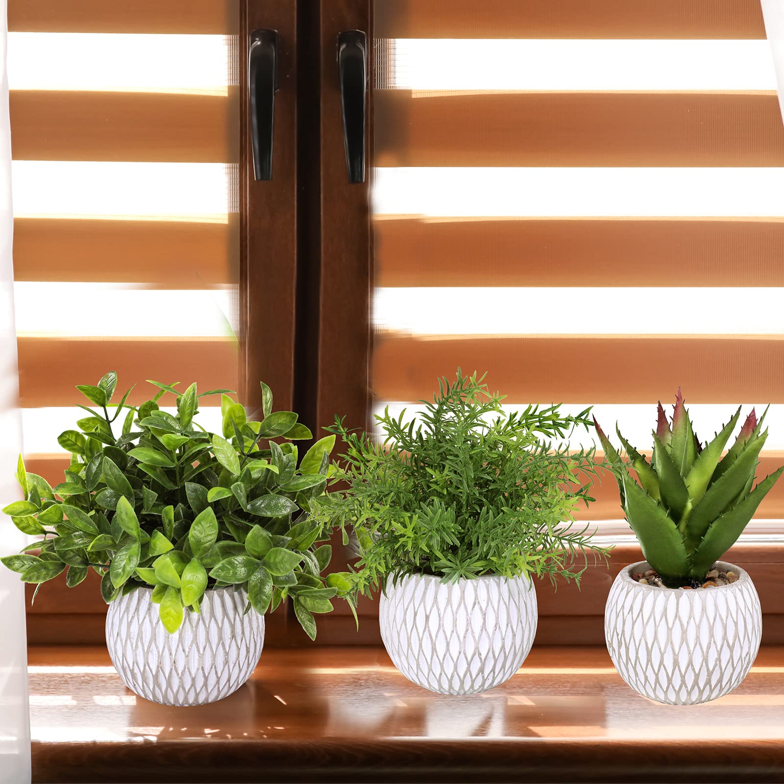 Winlyn 3 Pcs Small Potted Plants Artificial Eucalyptus Rosemary Plants and Aloe Succulent Plant in Gray Geometric Cement Pots for Gifts Table Windowsill Shelf Home Bathroom Indoor Outdoor Green Decor