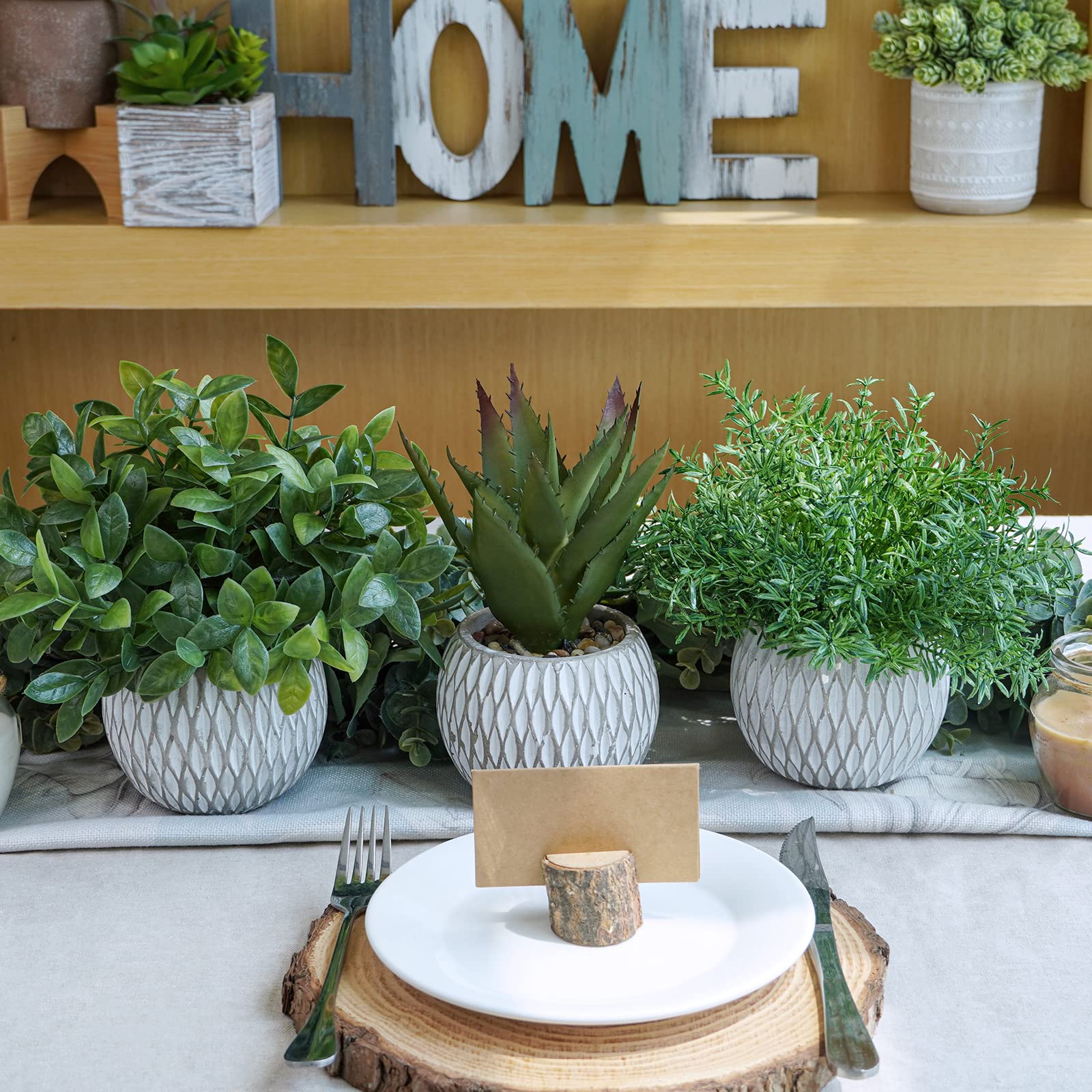 Winlyn 3 Pcs Small Potted Plants Artificial Eucalyptus Rosemary Plants and Aloe Succulent Plant in Gray Geometric Cement Pots for Gifts Table Windowsill Shelf Home Bathroom Indoor Outdoor Green Decor