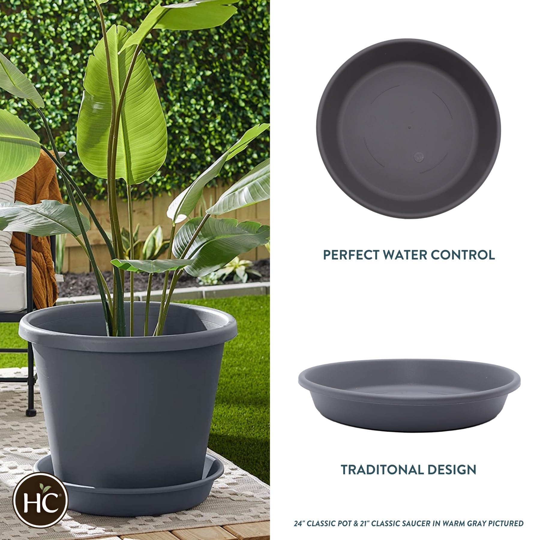 The HC Companies 21 Inch Round Plastic Classic Plant Saucer - Indoor Outdoor Plant Trays for Pots - 21"x21"x3.63" Warm Gray