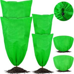 Hahood 6 Packs Green Plant Covers Freeze Protection Thicken Winter Drawstring Plant Covers Warm Blankets Shrub Covers Frost Blankets Jacket for Outdoor Plant, 3 Sizes