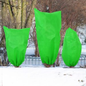 Hahood 6 Packs Green Plant Covers Freeze Protection Thicken Winter Drawstring Plant Covers Warm Blankets Shrub Covers Frost Blankets Jacket for Outdoor Plant, 3 Sizes