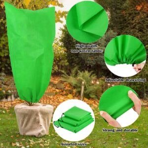 Hahood 6 Packs Green Plant Covers Freeze Protection Thicken Winter Drawstring Plant Covers Warm Blankets Shrub Covers Frost Blankets Jacket for Outdoor Plant, 3 Sizes