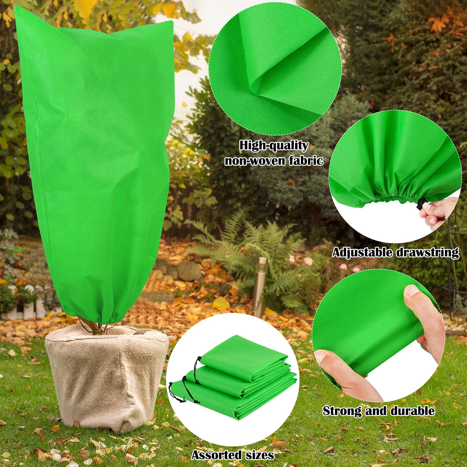 Hahood 6 Packs Green Plant Covers Freeze Protection Thicken Winter Drawstring Plant Covers Warm Blankets Shrub Covers Frost Blankets Jacket for Outdoor Plant, 3 Sizes