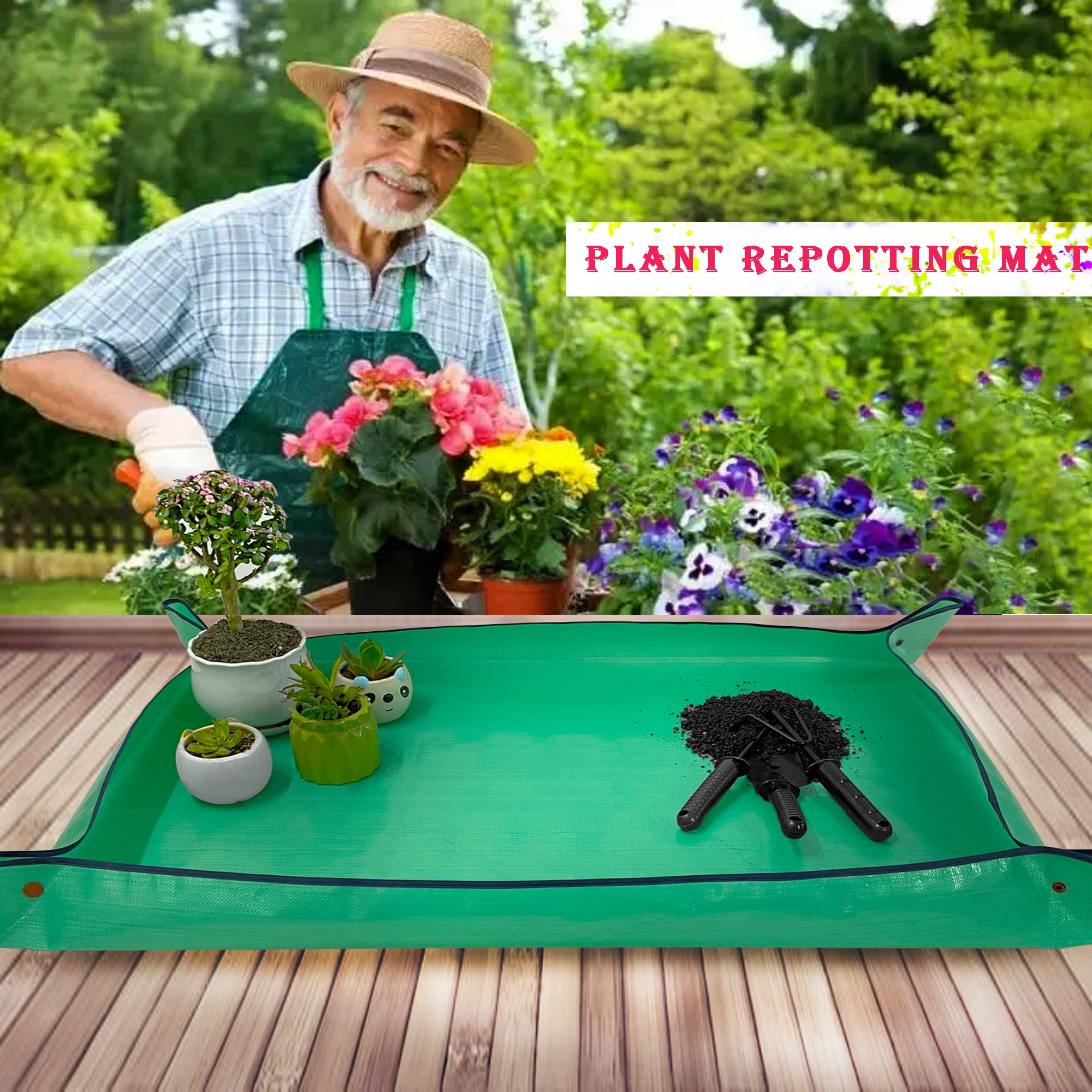 BIUWING Extra Large Plant Repotting Mat,Thickened Waterproof for Indoor Plant Transplanting and Mess Control,Foldable Succulent Portable Gardening Mat (43'*30',Green)