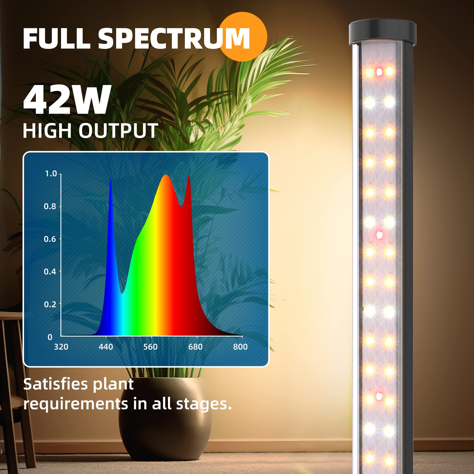 Barrina Grow Lights for Indoor Plants with Stand, 42W 169 LEDs Full Spectrum Wide Illumination Area, T10 Vertical Standing Plant Grow Light, 4FT Height with On/Off Switch and Tripod Floor Stand