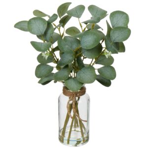 briful artificial eucalyptus stems in glass vase with faux water, 14" fake plant eucalyptus leaves for home office farmhouse wedding centerpiece décor