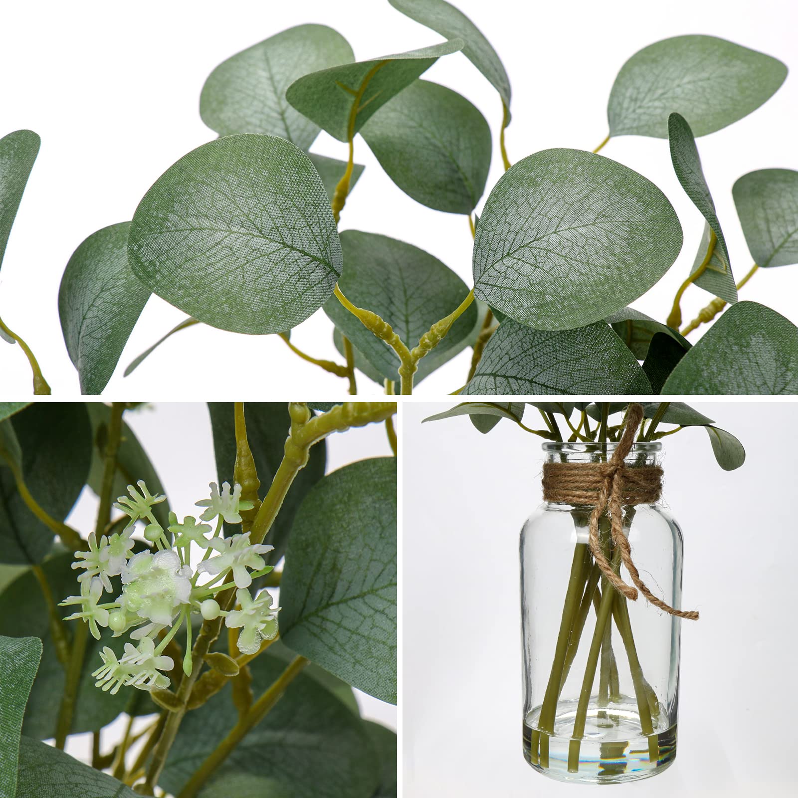 Briful Artificial Eucalyptus Stems in Glass Vase with Faux Water, 14" Fake Plant Eucalyptus Leaves for Home Office Farmhouse Wedding Centerpiece Décor