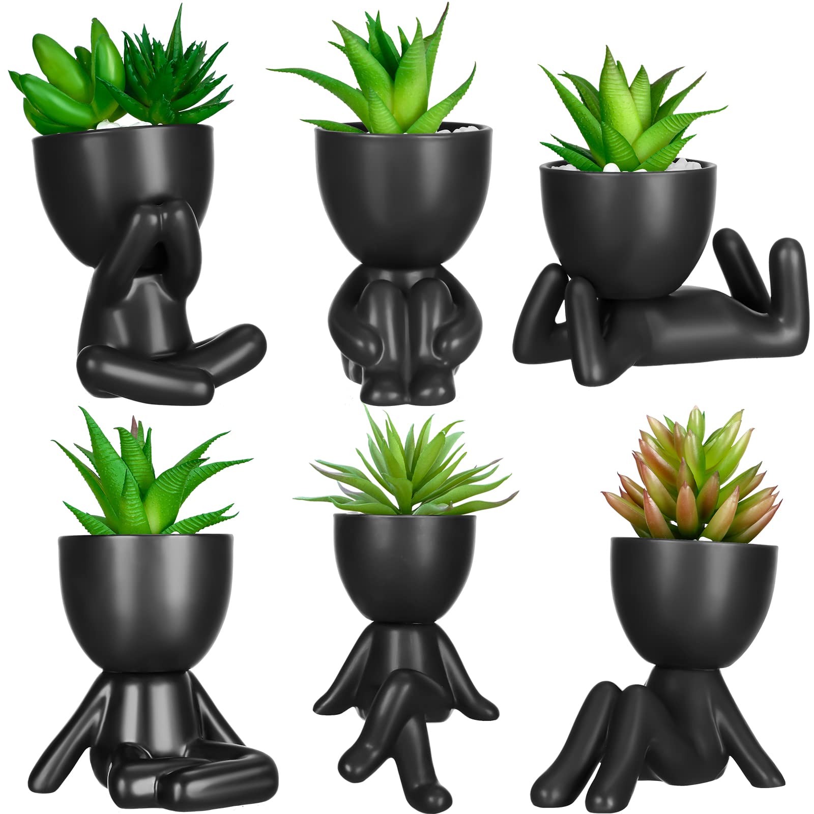 6 Pcs Cute Artificial Succulent Plants Mini Fake Succulent Ceramic Succulent Planters with Creative Human Shaped Pots Decorative Pots Mini Potted Succulents Decor for Office Home Decor (Black, Cute)