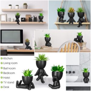 6 Pcs Cute Artificial Succulent Plants Mini Fake Succulent Ceramic Succulent Planters with Creative Human Shaped Pots Decorative Pots Mini Potted Succulents Decor for Office Home Decor (Black, Cute)