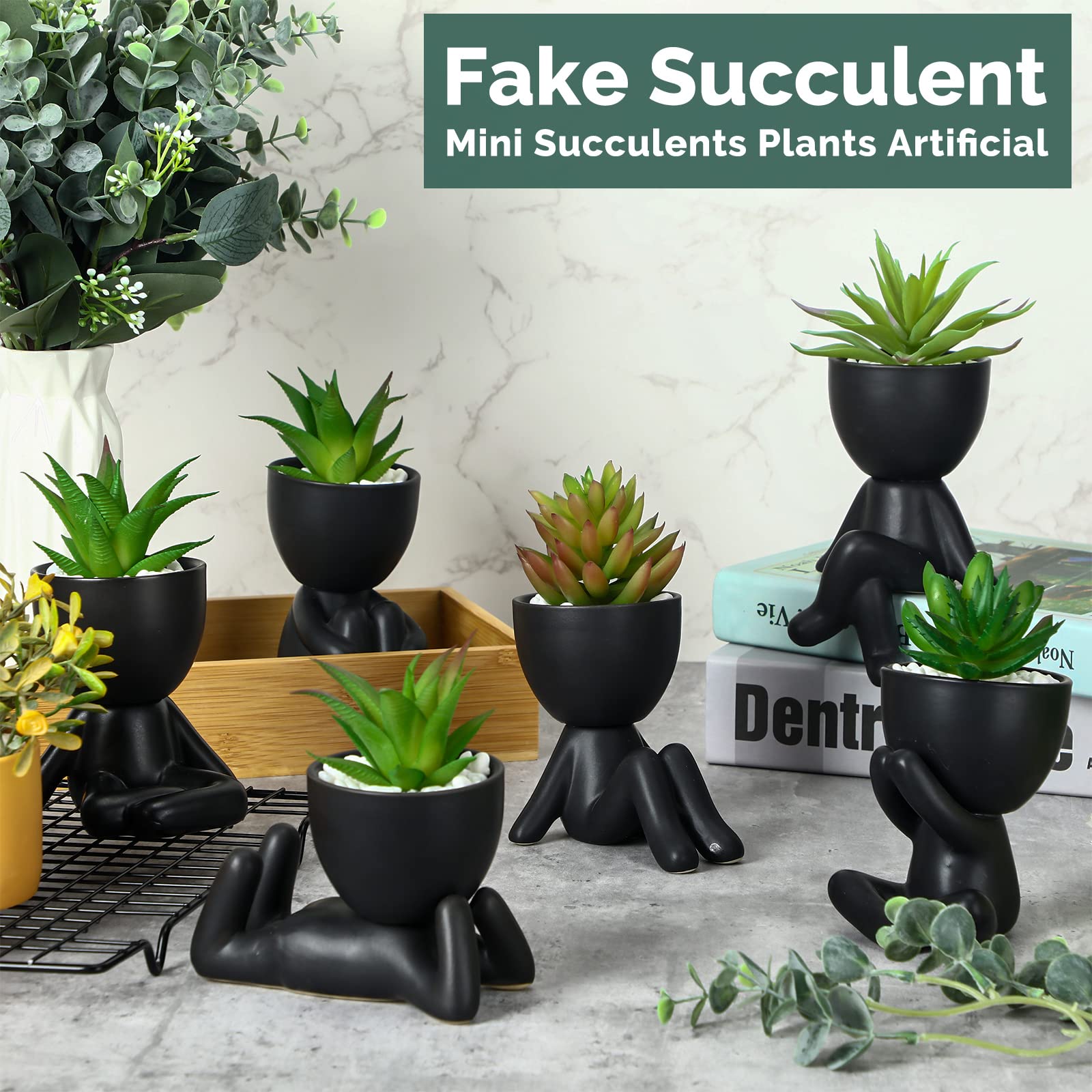 6 Pcs Cute Artificial Succulent Plants Mini Fake Succulent Ceramic Succulent Planters with Creative Human Shaped Pots Decorative Pots Mini Potted Succulents Decor for Office Home Decor (Black, Cute)