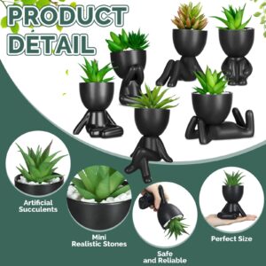 6 Pcs Cute Artificial Succulent Plants Mini Fake Succulent Ceramic Succulent Planters with Creative Human Shaped Pots Decorative Pots Mini Potted Succulents Decor for Office Home Decor (Black, Cute)