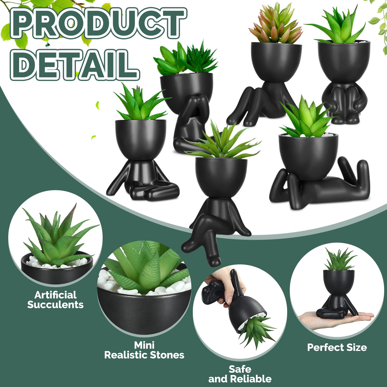 6 Pcs Cute Artificial Succulent Plants Mini Fake Succulent Ceramic Succulent Planters with Creative Human Shaped Pots Decorative Pots Mini Potted Succulents Decor for Office Home Decor (Black, Cute)