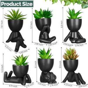 6 Pcs Cute Artificial Succulent Plants Mini Fake Succulent Ceramic Succulent Planters with Creative Human Shaped Pots Decorative Pots Mini Potted Succulents Decor for Office Home Decor (Black, Cute)