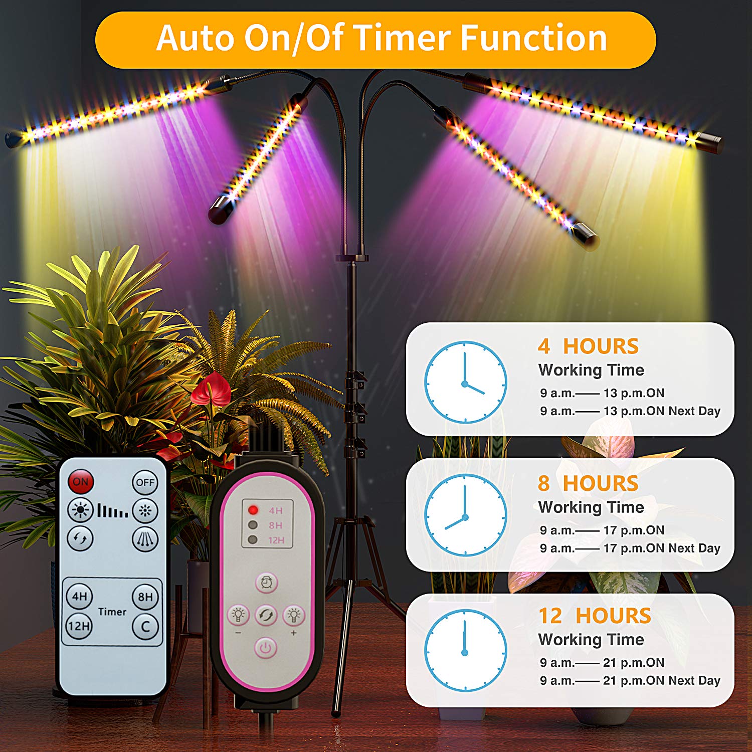 Grow Light with Stand, FRENAN Grow Lights for Indoor Plant with Red Blue & Full Spectrum, 10 Dimmable Brightness, 4/8/12H Timer, 3 Switch Modes, Adjustable Gooseneck, Suitable for Various plant Growth