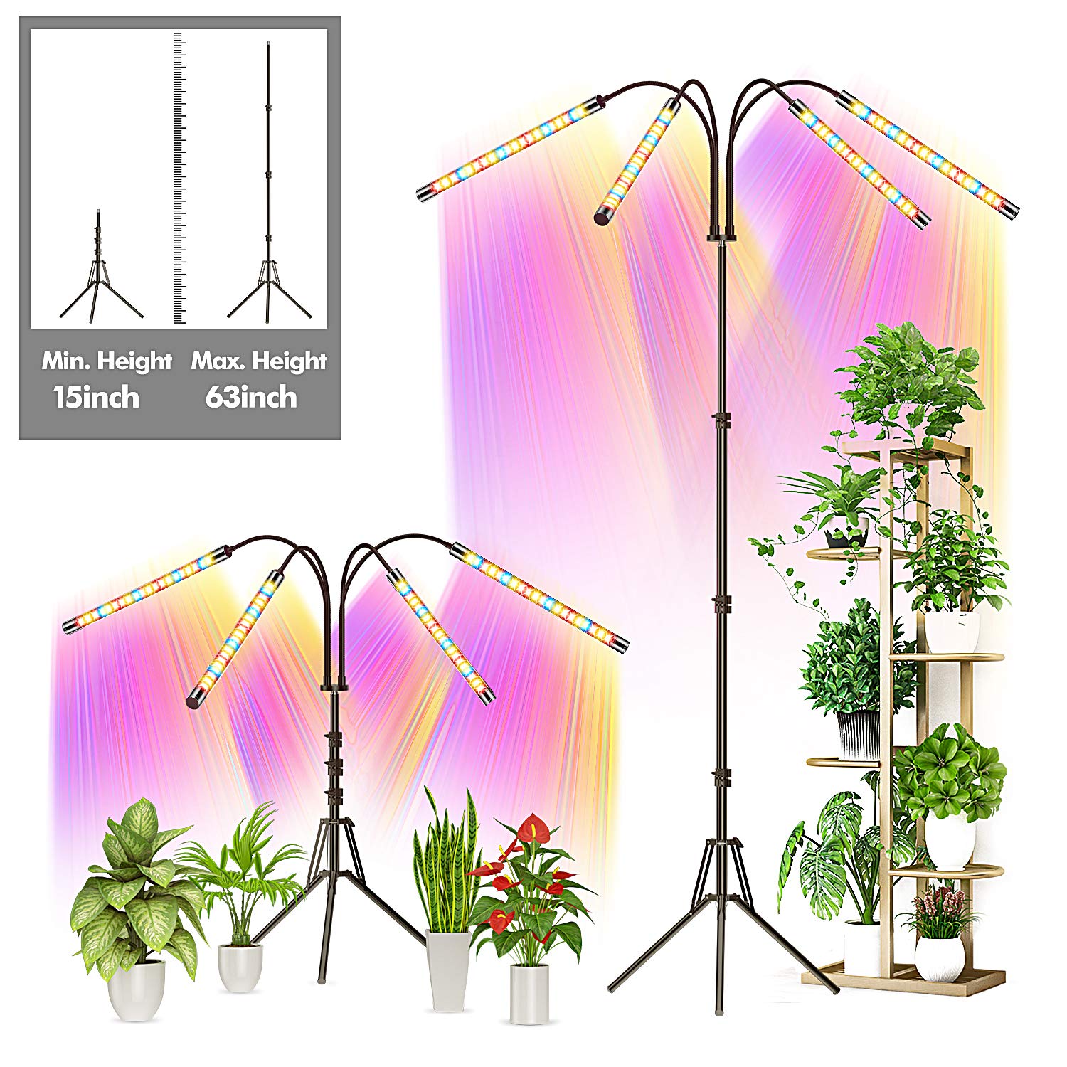 Grow Light with Stand, FRENAN Grow Lights for Indoor Plant with Red Blue & Full Spectrum, 10 Dimmable Brightness, 4/8/12H Timer, 3 Switch Modes, Adjustable Gooseneck, Suitable for Various plant Growth