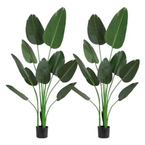 Hobyhoon 2PCS 5.6 ft Artificial Bird of Paradise Tall Silk Palm Tree in Pot Faux Plants Tropical Leaves Banana Tree for Modern Home Indoor Outdoor Office Decor