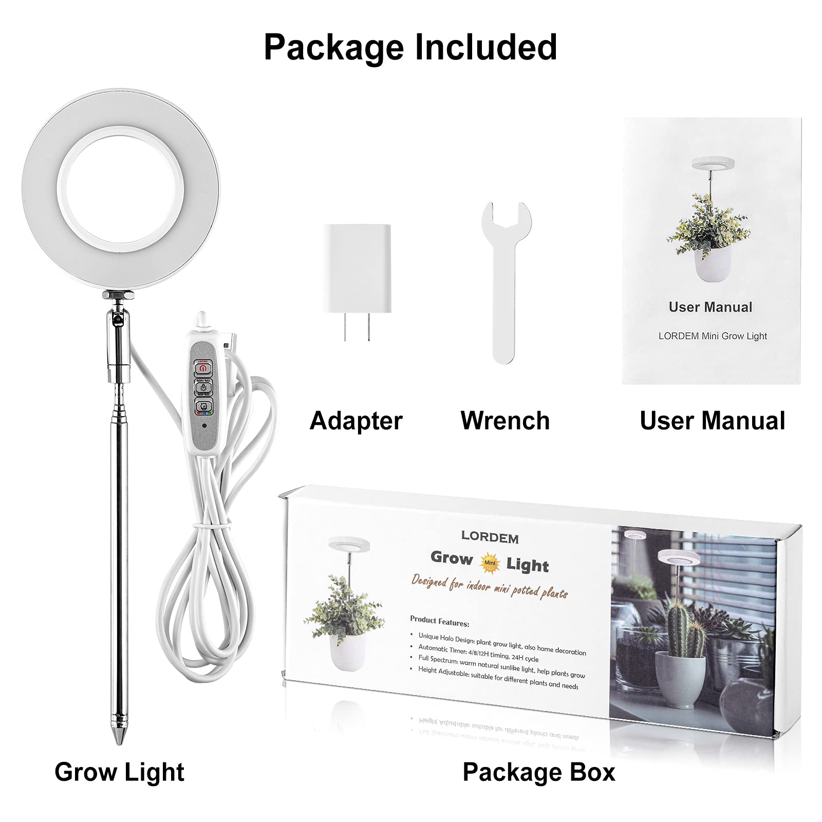 LORDEM Grow Light, Full Spectrum LED Plant light for Indoor Plants, Height Adjustable Growing Lamp with Auto On/Off Timer 4/8/12H, 4 Dimmable Brightness, Ideal for Small Plants