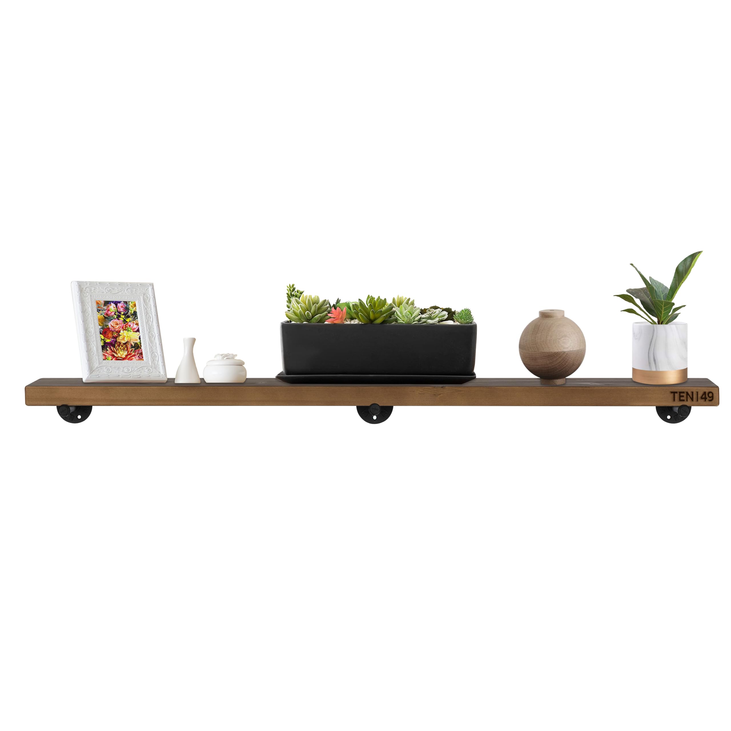 TEN49 Industrial Rustic Wood Wall Shelf - 60" Espresso Real Wooden Shelf w/ 1.8" Extra Thickness - Modern Interior Decor Floating Shelving w/ Pipe Brackets - Farmhouse Style Bookshelf - Set of 1