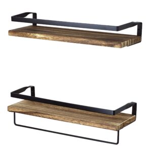 peter's goods rustic floating wall shelves with rails - decorative storage for kitchen, bathroom, and bedroom - elegant, modern shelving - torched paulownia wood, matte black metal frame - set of 2