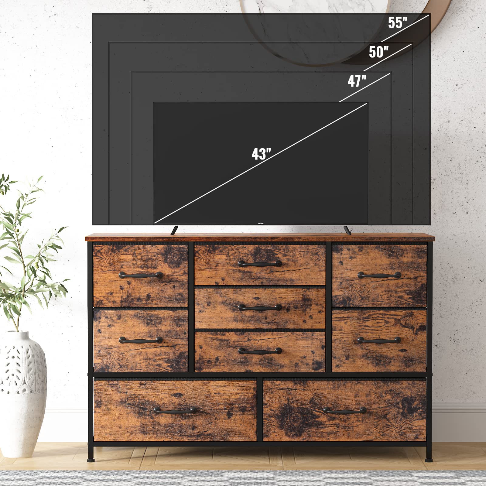 Furnulem Wide Dresser with 9 Large Drawers for 55'' Long TV Stand Entertainment Center,Wood Shelf Storage for Bedroom,Living Room,Closet,Entryway,Sturdy Metal Frame (Rustic Brown