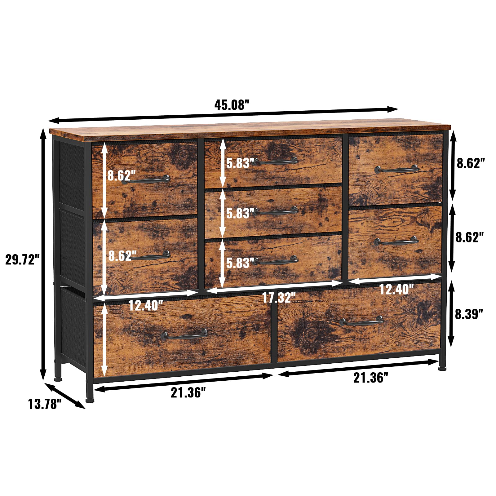 Furnulem Wide Dresser with 9 Large Drawers for 55'' Long TV Stand Entertainment Center,Wood Shelf Storage for Bedroom,Living Room,Closet,Entryway,Sturdy Metal Frame (Rustic Brown