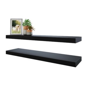 BAMEOS Floating Shelves, Black Wall Mounted Wooden Shelves with Invisible Brackets Set of 2, Hanging Wall Shelves Decoration for Bedroom, Bathroom, Living Room and Kitchen