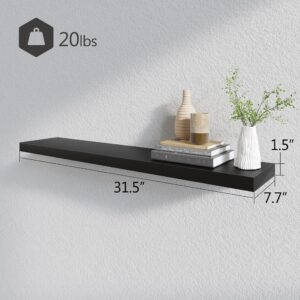 BAMEOS Floating Shelves, Black Wall Mounted Wooden Shelves with Invisible Brackets Set of 2, Hanging Wall Shelves Decoration for Bedroom, Bathroom, Living Room and Kitchen