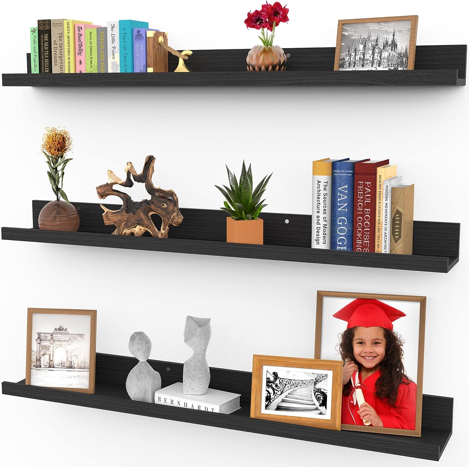 Icona Bay 36 Inch Floating Shelves for Wall, Set of 3 in Ebony Black, Modern Rustic Style, Wall Mounted Display Shelves, Picture Ledges