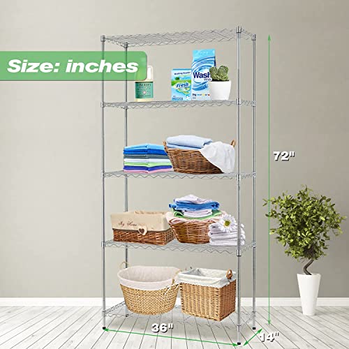 HCY 5-Tier Storage Shelf Heavy Duty Storage Shelving Unit NSF Height Adjustable Metal Storage Rack for Laundry Bathroom Kitchen Garage Pantry Organization - 14"x36"x72" (Chrome)