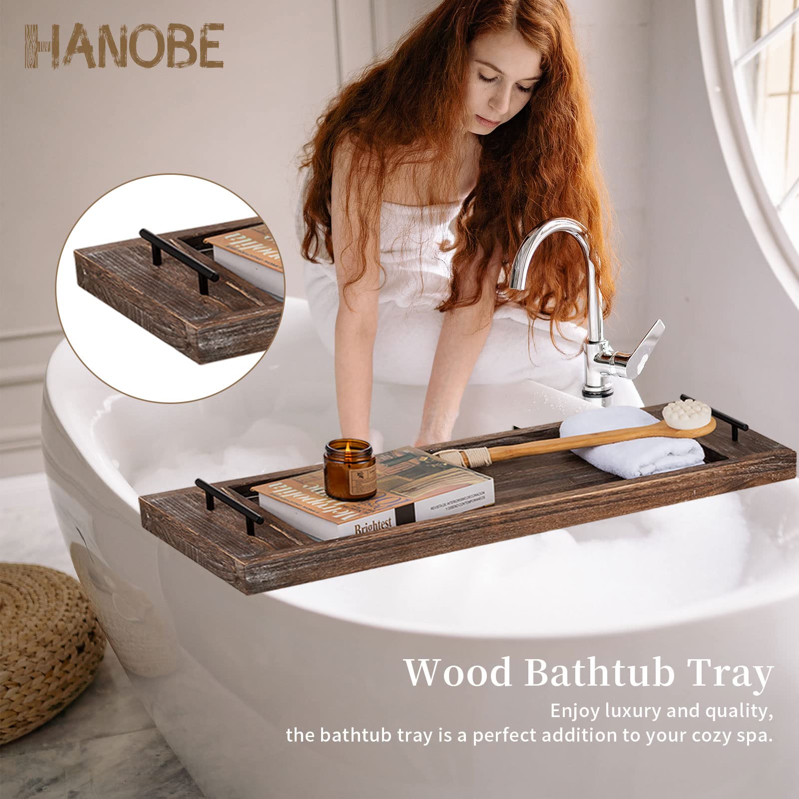 Hanobe Bathtub Tray Bath Caddy: Wood Tub Trays Table Extra Large Rustic Bathtub Shelf Across Tub Wooden Serving Tray with Handles for Bathroom, 31"