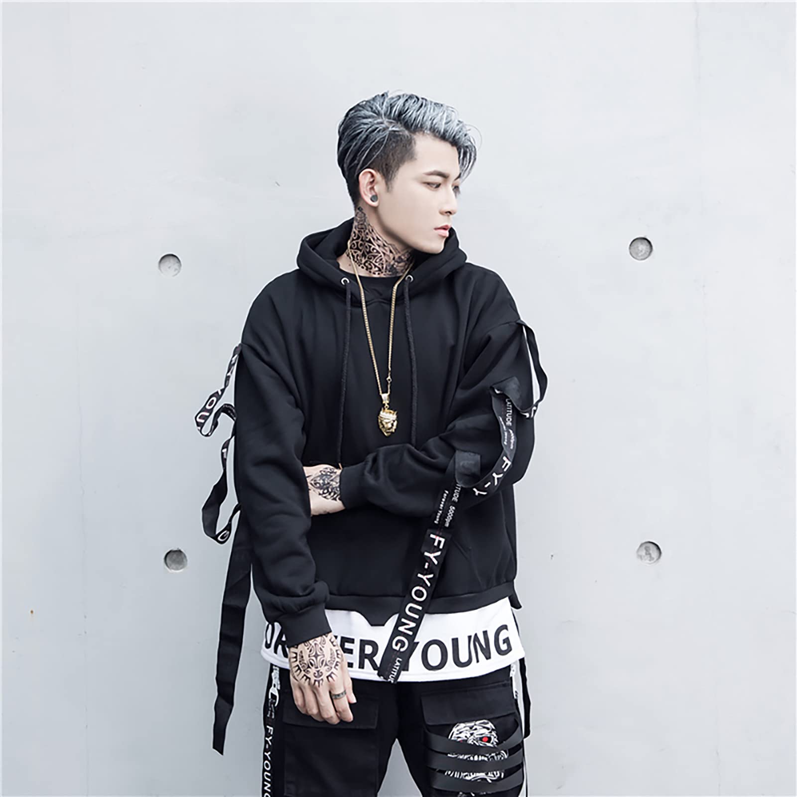 DUDHUH Mens Hoodie Fashion Pullover Letter Print Tracksuit Techwear Casual Coat Hip-Hop Sweatshirt Black