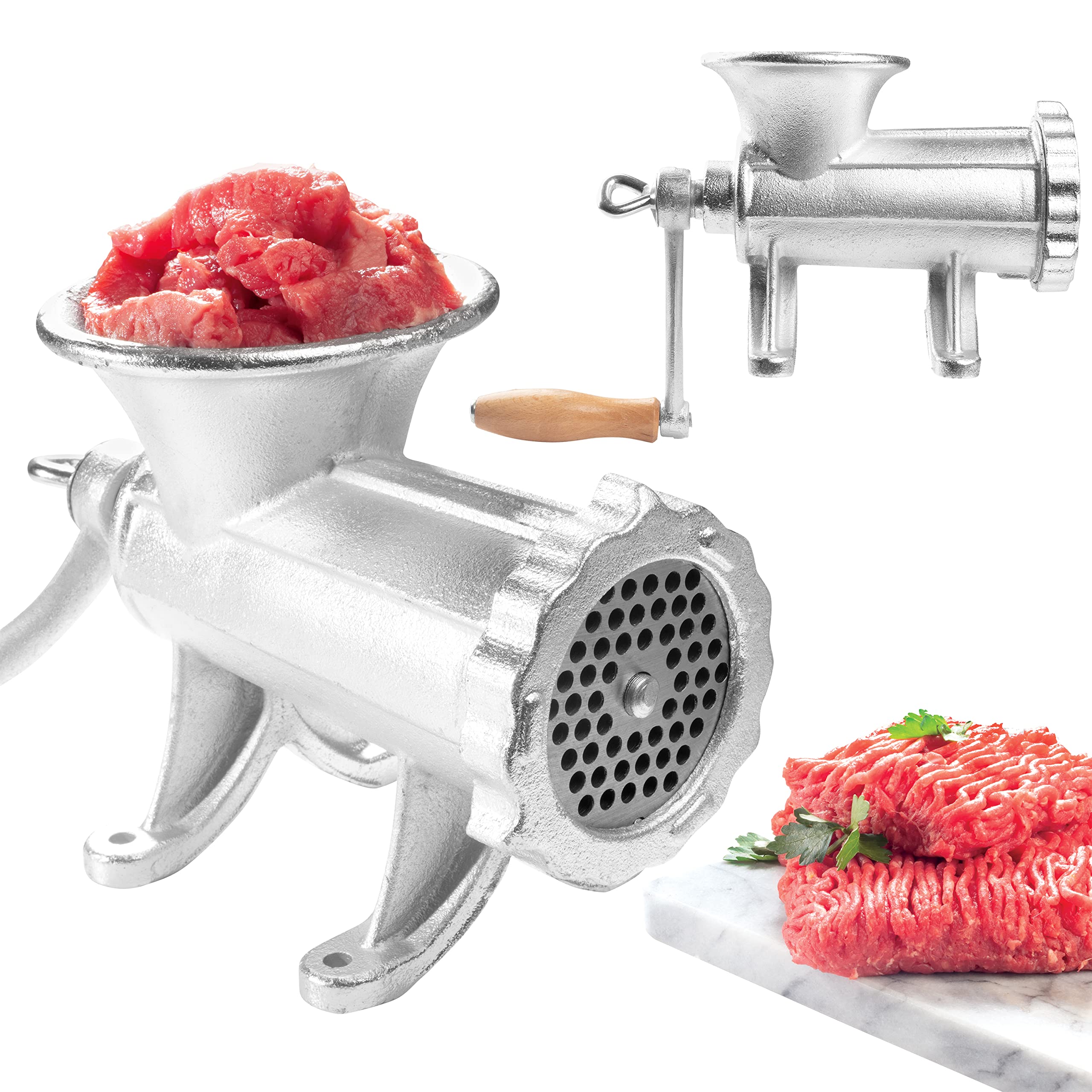 Cast Iron Table Mount Meat Grinder - Manual Mincer Includes Two 3/4" Cutting Disks and Sausage Stuffer Funnel, Heavy Duty- Make Homemade Ground Beef Burgers, Easy to Use and Cooking Tool Must Have