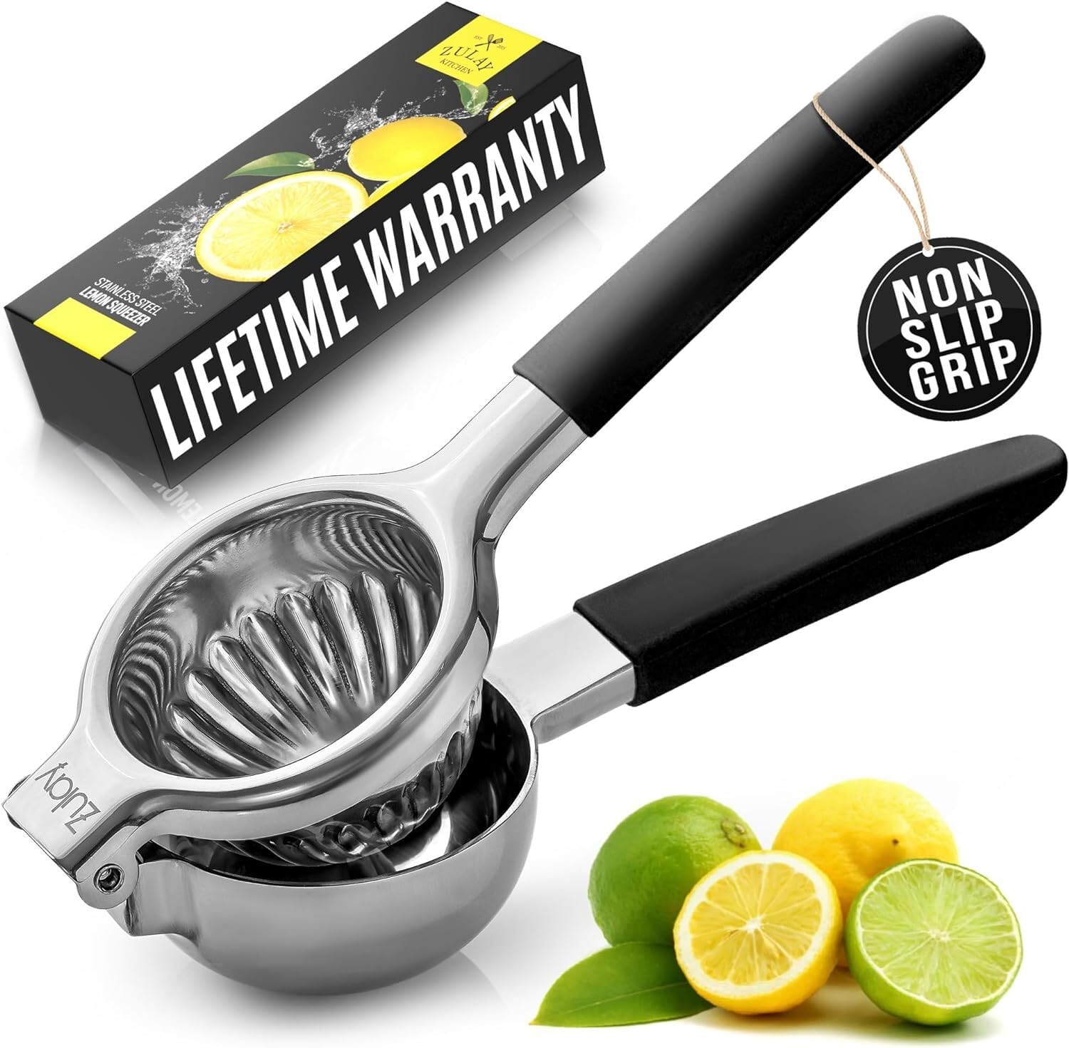 Zulay Kitchen Lemon Squeezer Stainless Steel Press - Non-Slip, Ergonomic Design with Solid, Heavy-Duty Squeezer Bowl - Large Manual Citrus Press Juicer & Lime Squeezer Stainless Steel (Black)