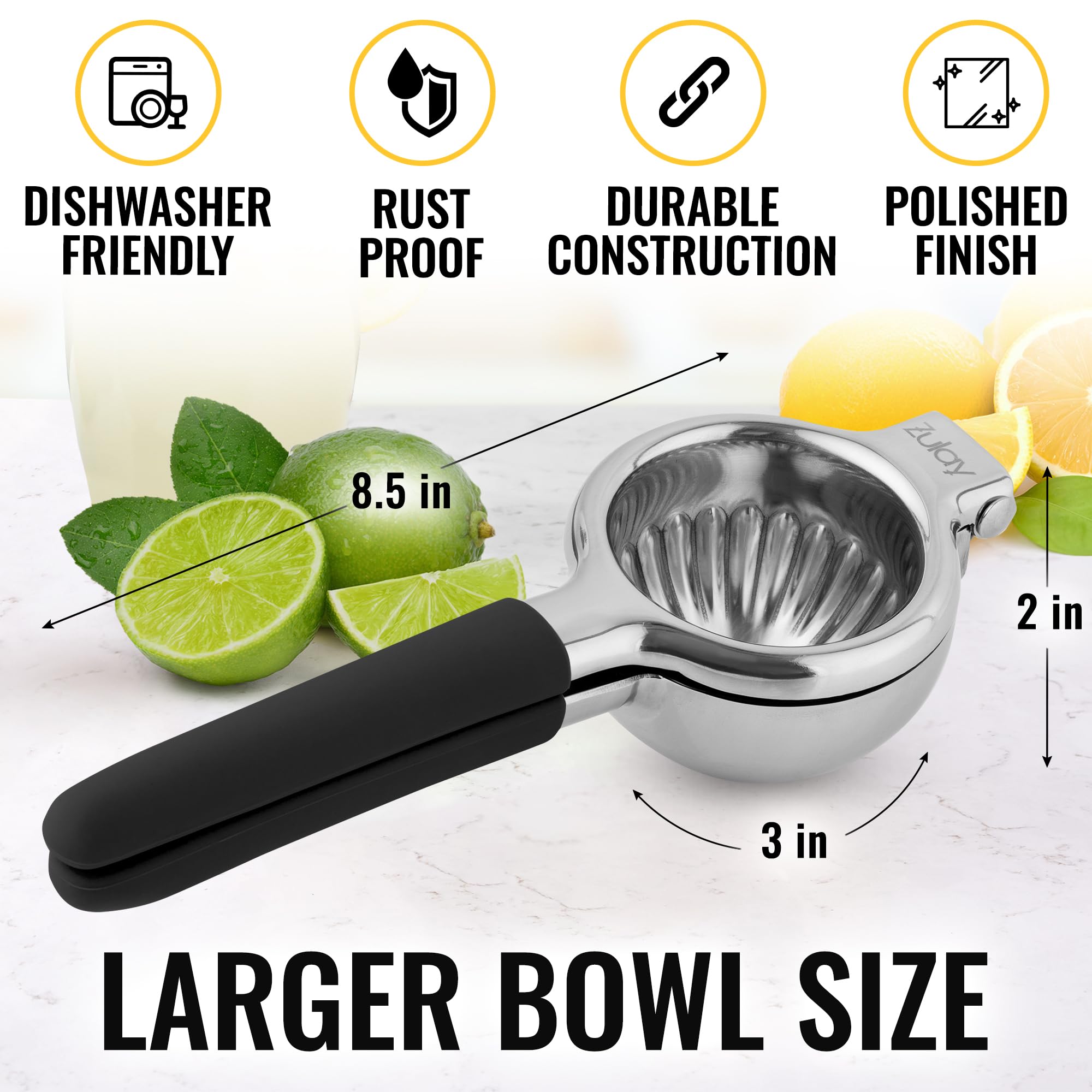 Zulay Kitchen Lemon Squeezer Stainless Steel Press - Non-Slip, Ergonomic Design with Solid, Heavy-Duty Squeezer Bowl - Large Manual Citrus Press Juicer & Lime Squeezer Stainless Steel (Black)