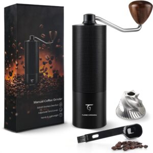 sunya full metal manual coffee grinder with stainless steel conical burr & walnut handle, adjustable hand grinder for expresso and cold brew, detailed recipes included