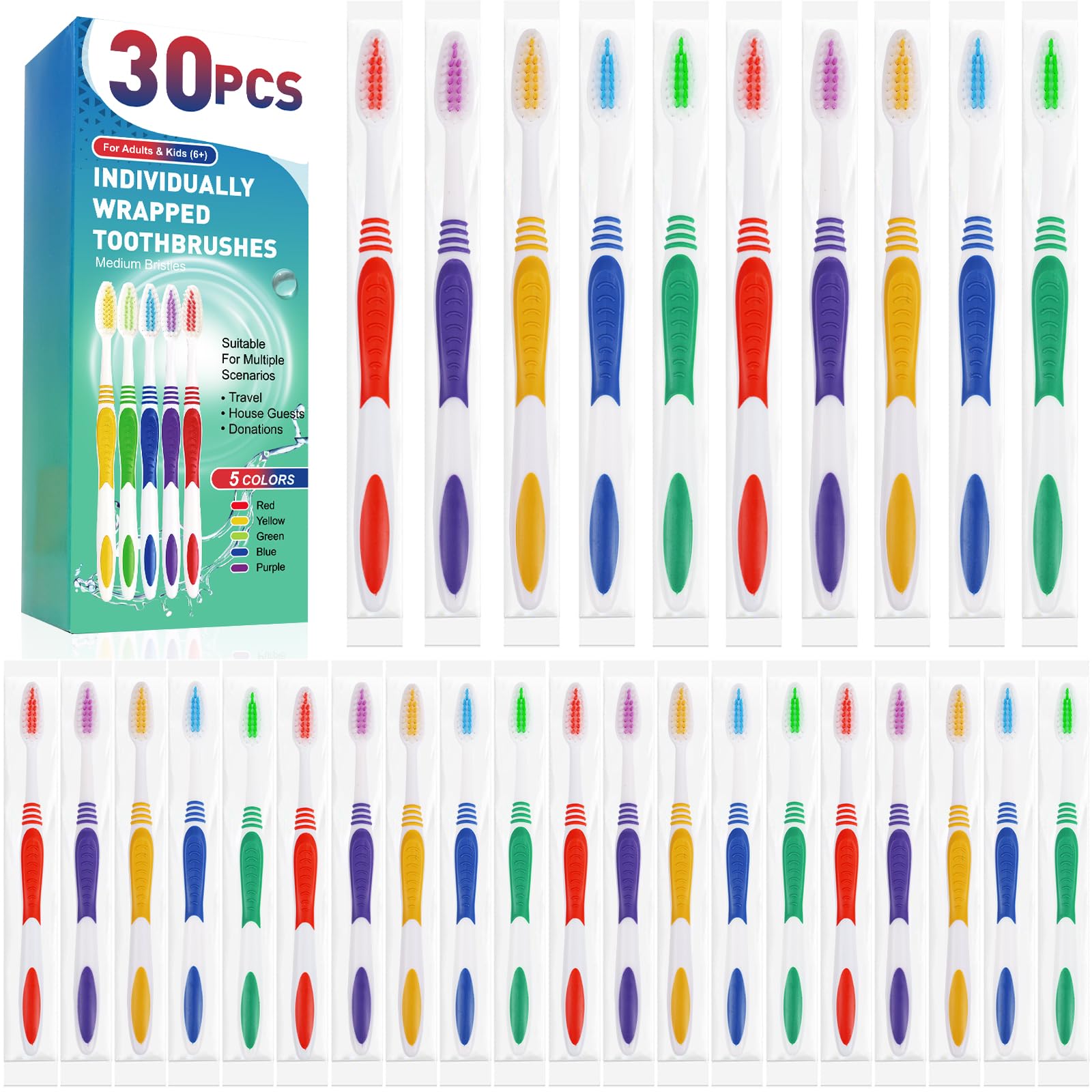 Navona 30 PCS Individually Wrapped Bulk Toothbrushes, Colorful Manual Disposable Travel Toothbrush Set for Adult or Kid, Ergonomics Handle, Medium Soft Bristles, Perfect for Travel, Hotels, Donations