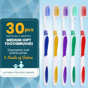 Navona 30 PCS Individually Wrapped Bulk Toothbrushes, Colorful Manual Disposable Travel Toothbrush Set for Adult or Kid, Ergonomics Handle, Medium Soft Bristles, Perfect for Travel, Hotels, Donations