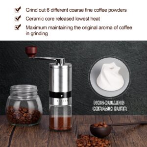 Manual Coffee Grinder with 6 Adjustable Coarseness Settings, Portable Hand Coffee Grinder with Ceramic Burr, Stainless Steel Shell, Ceramic Grinding Core for Office, Camping, Traveling