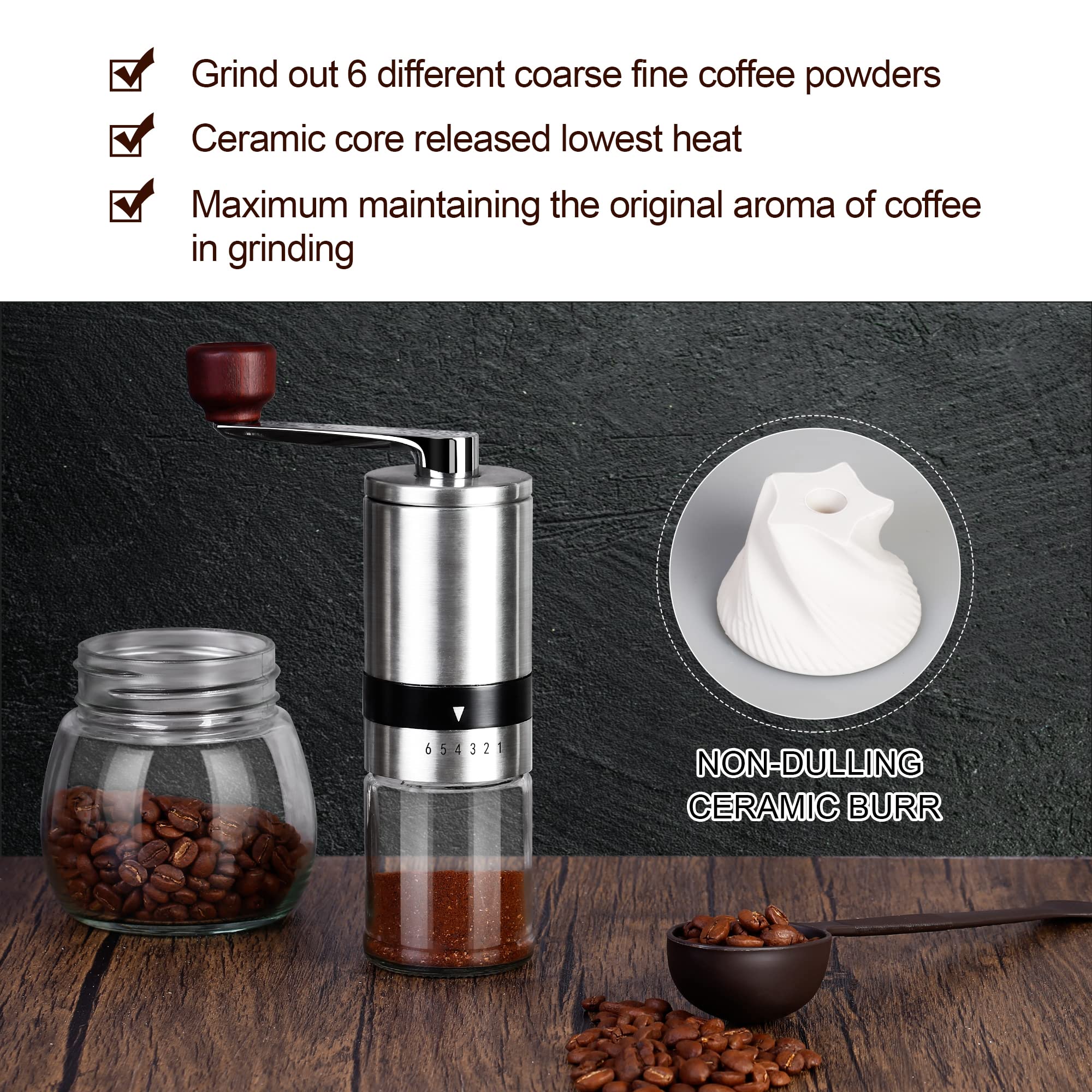 Manual Coffee Grinder with 6 Adjustable Coarseness Settings, Portable Hand Coffee Grinder with Ceramic Burr, Stainless Steel Shell, Ceramic Grinding Core for Office, Camping, Traveling