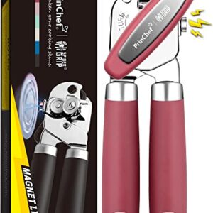 PrinChef Can Opener Manual, Can Tin Bottle Opener with Magnet - No-Trouble-Lid-Lift, Handheld Can Opener Smooth Edge with Sharp Blade, Heavy Duty and Easy to Use, for Seniors with Arthritis, Red