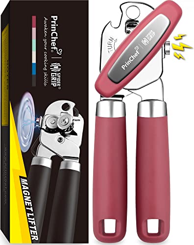 PrinChef Can Opener Manual, Can Tin Bottle Opener with Magnet - No-Trouble-Lid-Lift, Handheld Can Opener Smooth Edge with Sharp Blade, Heavy Duty and Easy to Use, for Seniors with Arthritis, Red