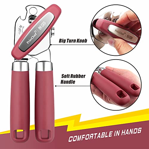 PrinChef Can Opener Manual, Can Tin Bottle Opener with Magnet - No-Trouble-Lid-Lift, Handheld Can Opener Smooth Edge with Sharp Blade, Heavy Duty and Easy to Use, for Seniors with Arthritis, Red